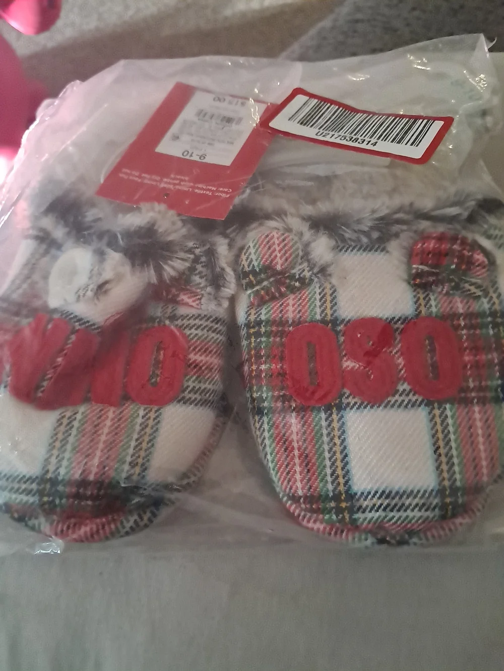 SO Plaid Fur-Trim Indoor Slippers with Red Embroidery